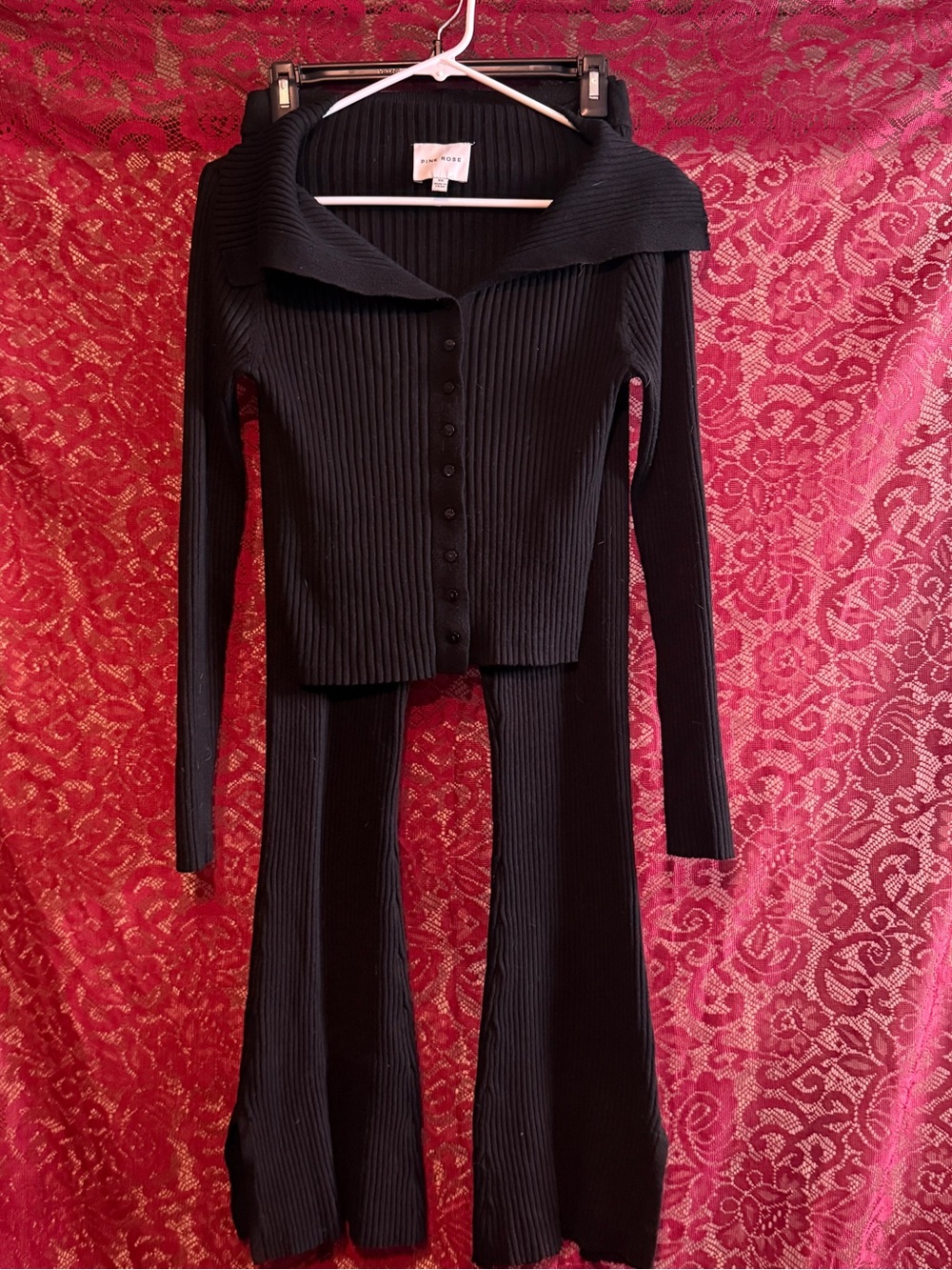 Pink Rose Black Ribbed Knit 2 Piece Set Button Front Cardigan Flare Leg Pants XS